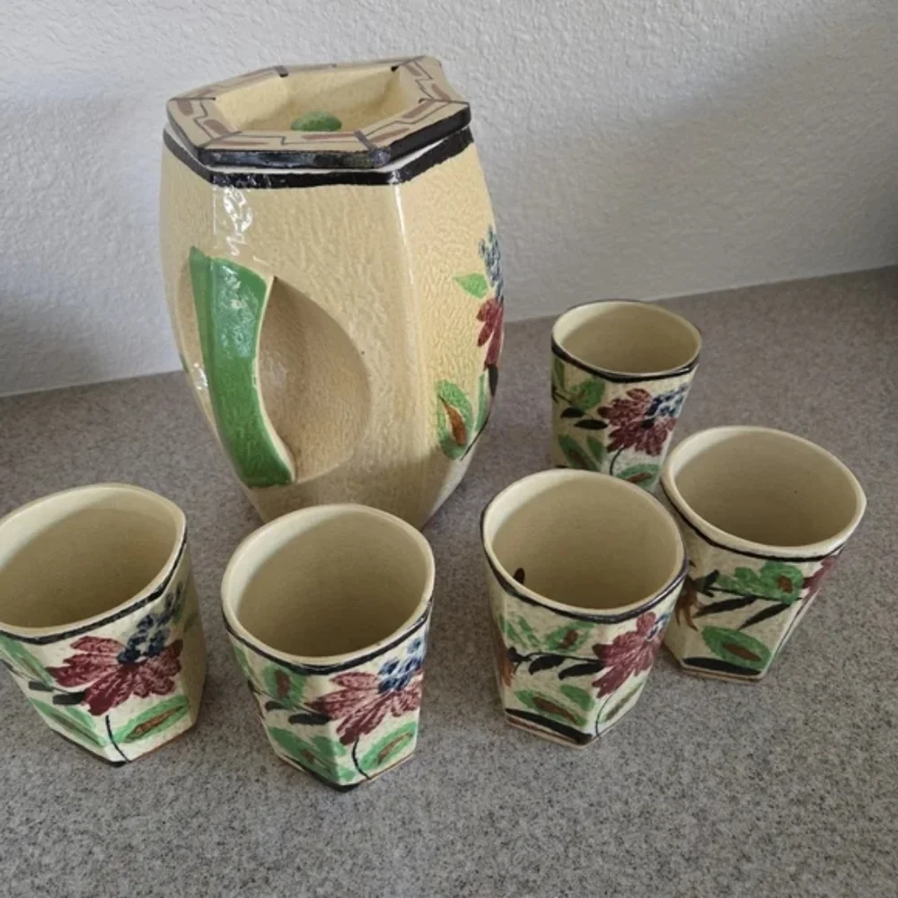 MAJOLICA | Vintage Handpainted Floral Ceramic Pitcher and Cups - Complete Set